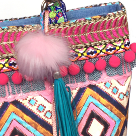 Ibiza tote handbag in pink blue with pompons