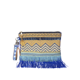 Boho clutch in blauw en oker geel met franje