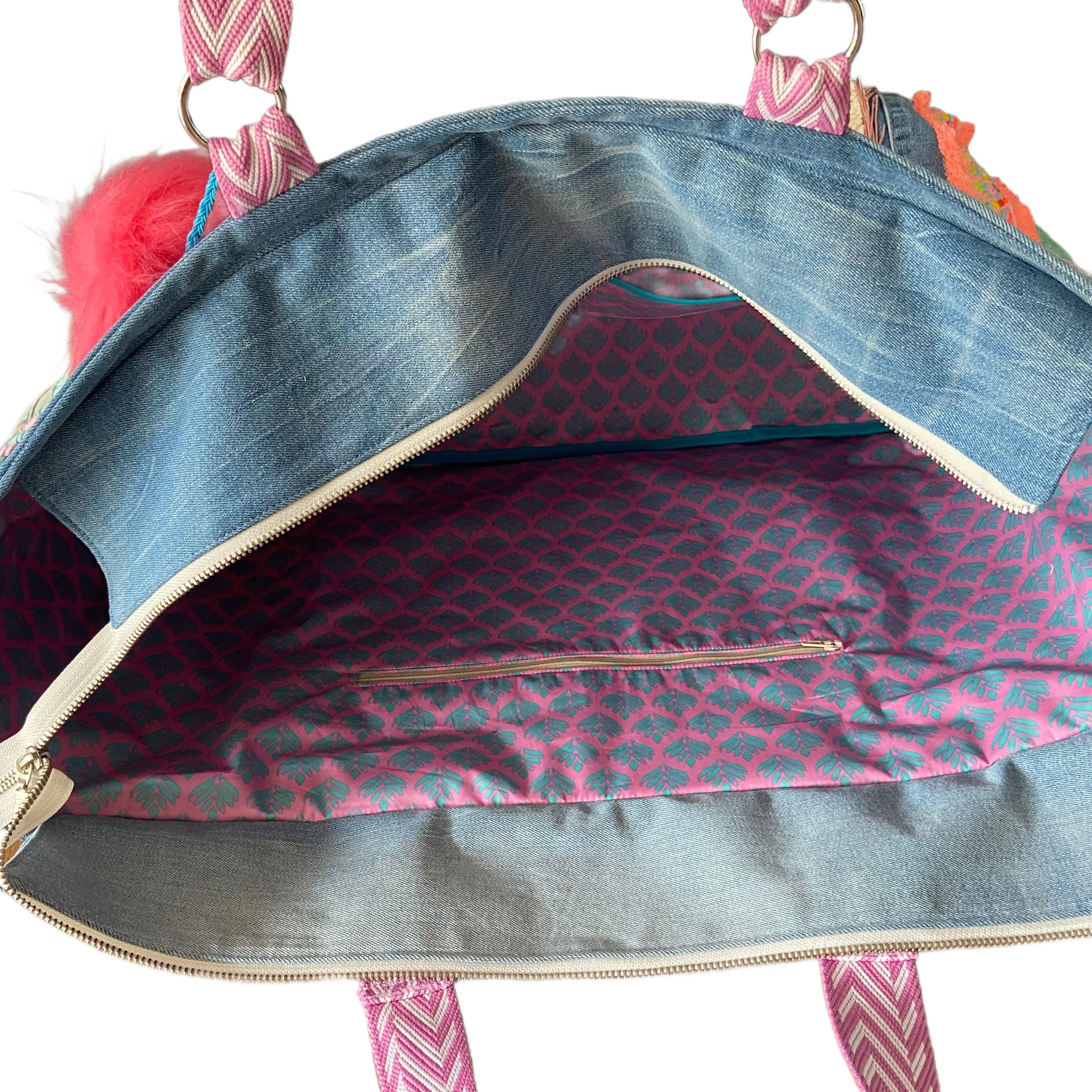 Large Boho Beach Bag Made from Canvas & Recycled Jeans – Handmade