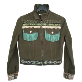 Khaki denim jacket boho style embellished with fringe and trims