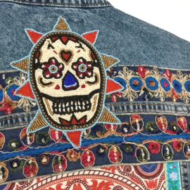 Embellished denim jacket with bead skull orange blue