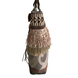 Tote handbag brown boho with flowers and fringes