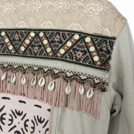 Embellished denim jacket khaki with long fringe and shells