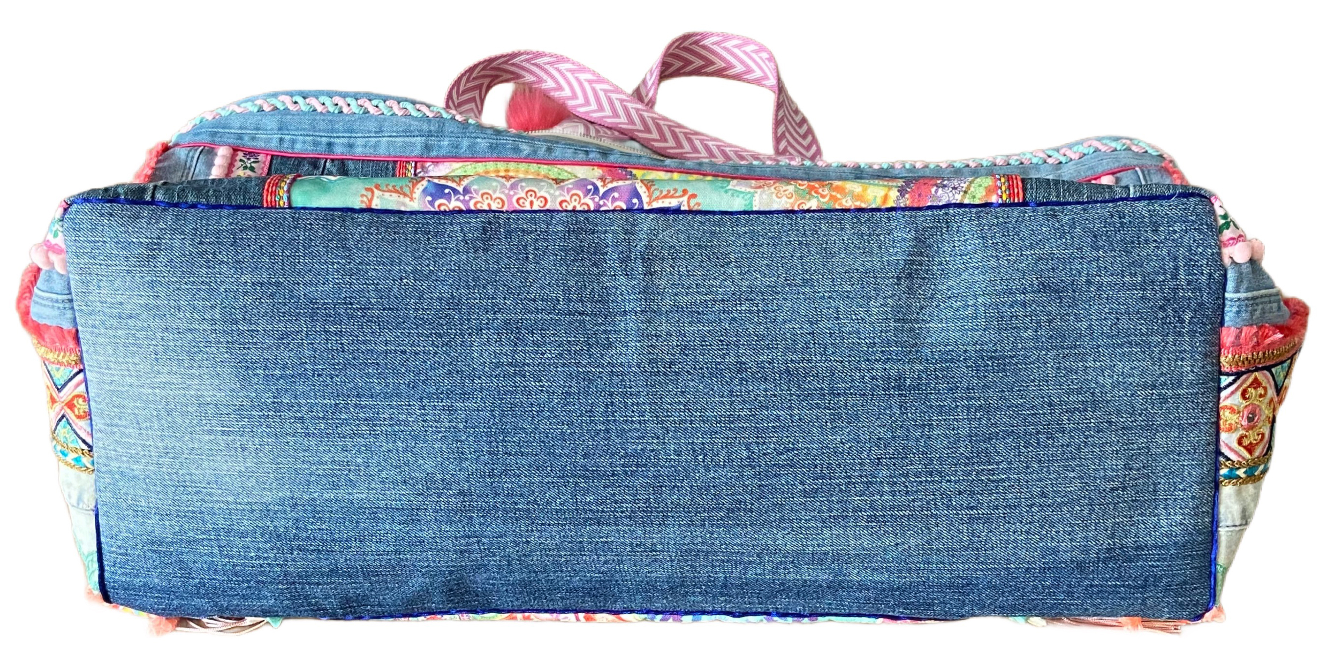 Large Boho Beach Bag Made from Canvas & Recycled Jeans – Handmade