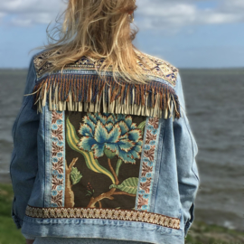 Embellished denim jacket bohemian with flower and fringe
