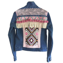 Embellished denim jacket blue pink with big pompons