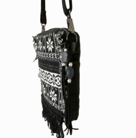 Crossbody tas met Noors patroon van wollige stof met oude denim en franje