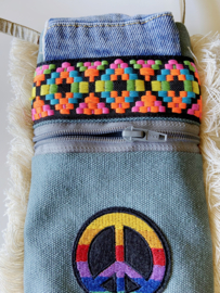 Phone bag in Ibiza style with Aztec pattern and peace patch