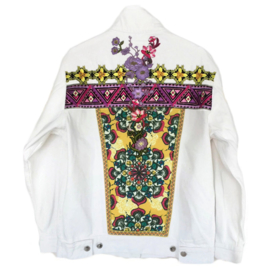 White decorated denim jacket with colored flower patches