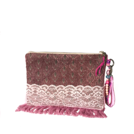 Clutch bohemian stijl oud roze met franje