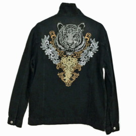 Black denim jacket with tiger patch and ornaments in gold and silver