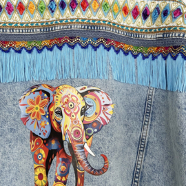 Upcycled denim jacket with colored elephant patch unique trims and fringe