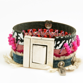 Boho bracelet of leather with old jeans, concho with Swarovski and beads