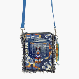 Festival tasje in Ibiza-stijl in blauw oranje met kralenapplicatie en recyclede jeans