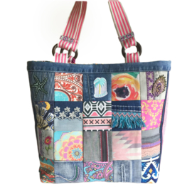 Big tote handbag patchwork jeans with colored fabrics in Ibiza style