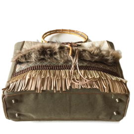 Tote handbag brown western faux fur and fringes