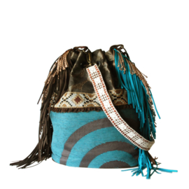 Bucket bag boho in brown turquoise with fringe