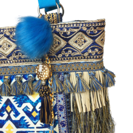 Boho tote handbag blue yellow with fringe and tassels