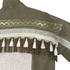 Embellished khaki jacket boho style with trims, fringe and tassels