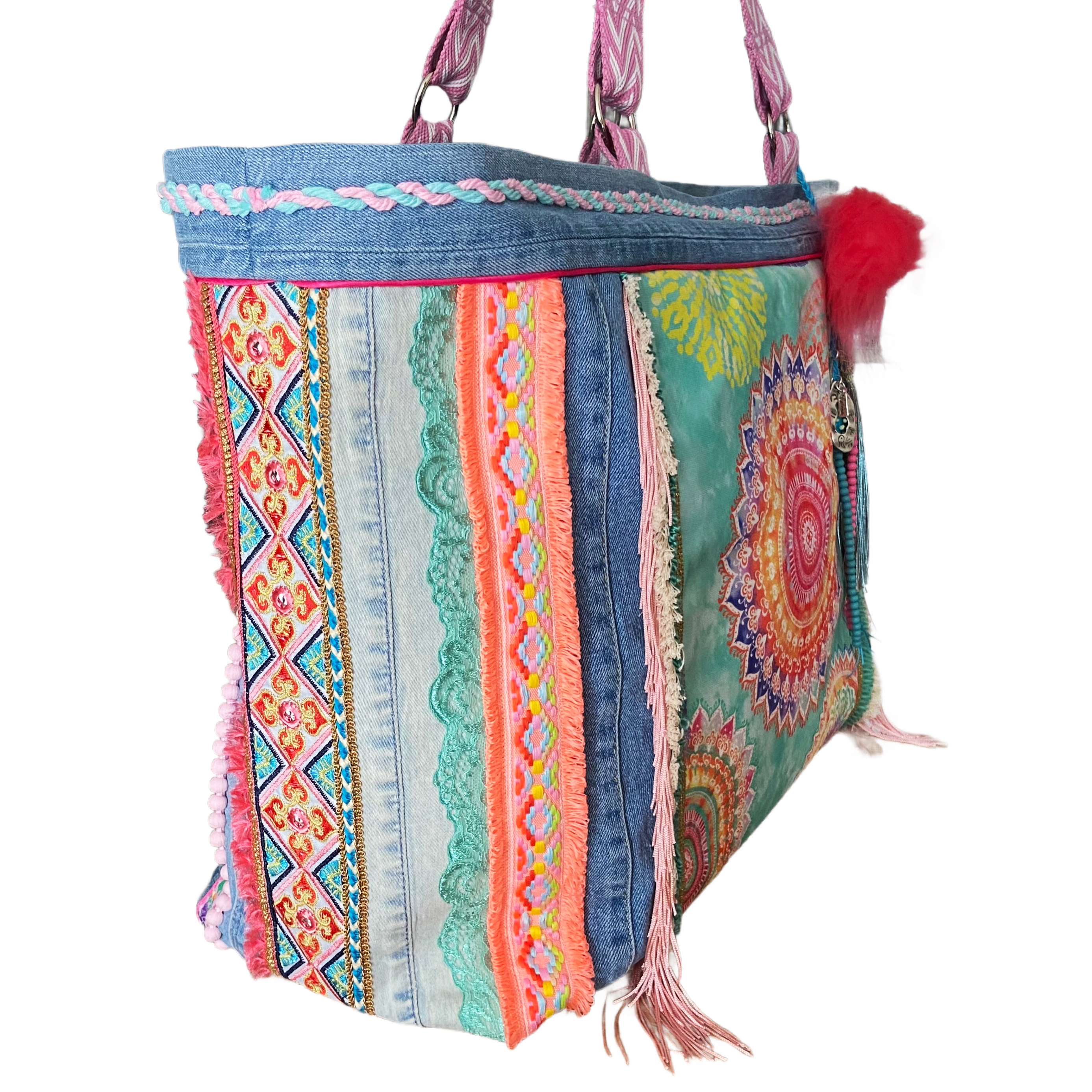 Large Boho Beach Bag Made from Canvas & Recycled Jeans – Handmade