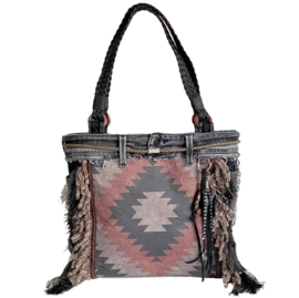 Tote handtas in Navajo stijl in zwart en bruin met oude spijkerstof
