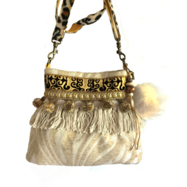 Bucket bag bohemian style cream with pompons