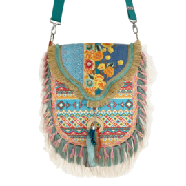 Ibiza crossbody bag with fringe and flowers in turquoise orange