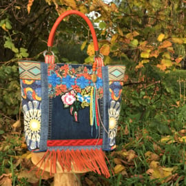 Tote handbag in blue and orange Iibza style flowers