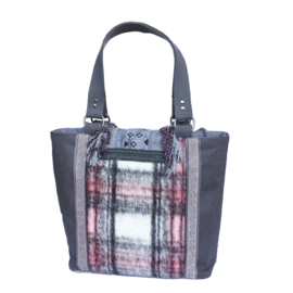 Tote handbag checkered in pink and grey fabric