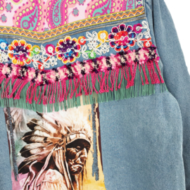 Embellished denim jacket in Ibiza style light blue with Indian head