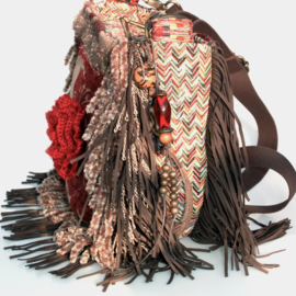 Hippie crossbody bohemian red brown with flower and fringe