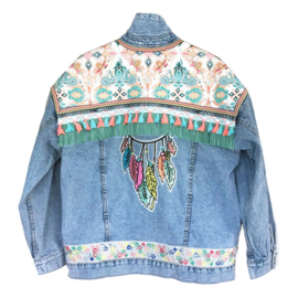 Oversized embellished denim jacket with dreamcatcher in pastels