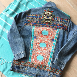 Embellished denim jacket with bead skull orange blue