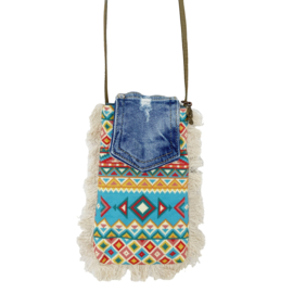 Phone bag in Ibiza style with Aztec pattern and peace patch