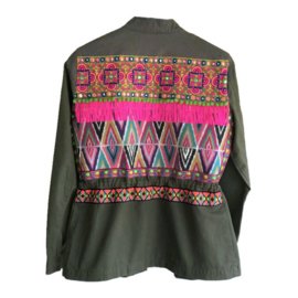 Embellished denim jacket khaki neon India trim