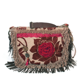 Hippie crossbody bohemian red brown with flower and fringe