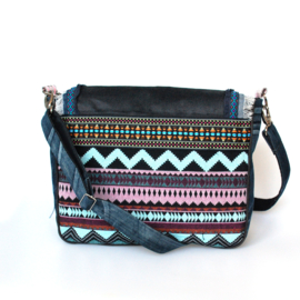 Crossbody in Aztec style blue with fringes and flower