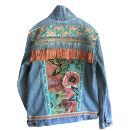 Embellished denim jacket with flowers butterfly in orange turquoise