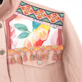 Pink embellished jean jacket boho western style with flowers