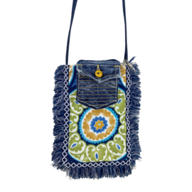 Phone bag in bohemian style with colored pattern and jeans flap