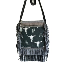 Festival purse bull heads black grey with fringe