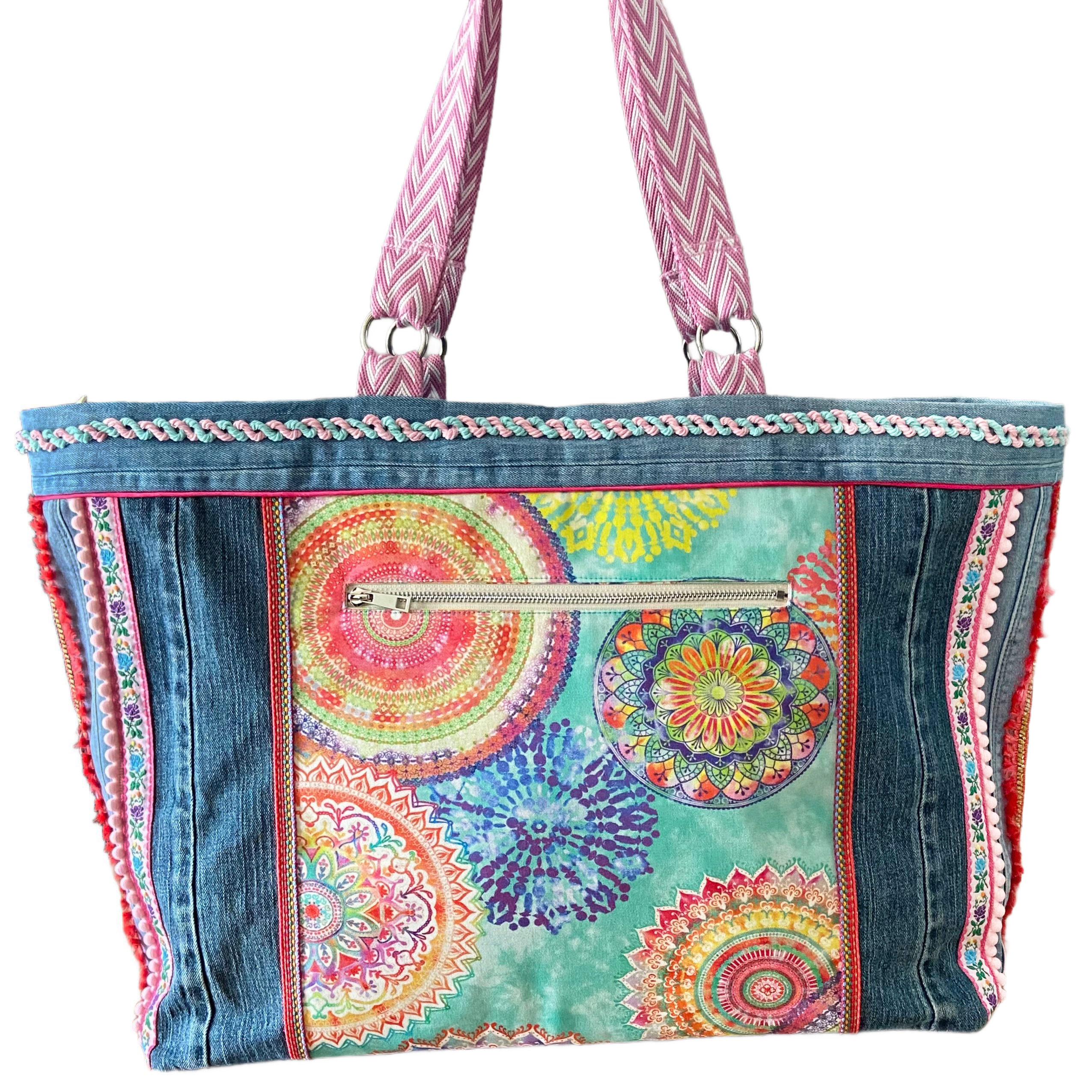 Large Boho Beach Bag Made from Canvas & Recycled Jeans – Handmade