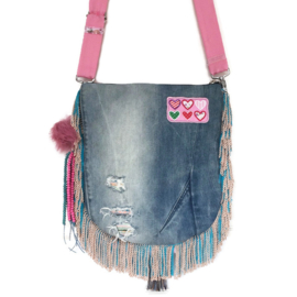 Schoudertas bohemian met hart in turquoise en roze