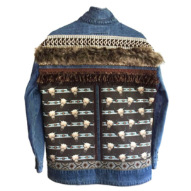 Embellished denim jacket bull heads with fake fur