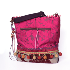 Hippie crossbody bag fuchsia bordeaux with pompons