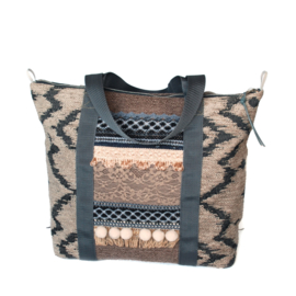 Tote handbag western style beige grey with fringes