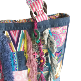 Grote tote handbag patchwork jeans met gekleurde stof in Ibiza stijl