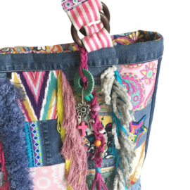 Big tote handbag patchwork jeans with colored fabrics in Ibiza style