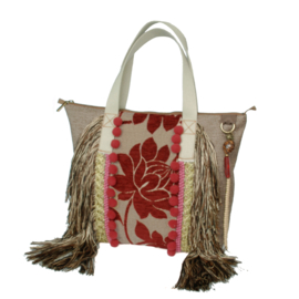 Hippie tote handbag in beige with red flowers