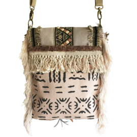 Crossbody bag ethnic style in cream and brown with fringe, pompom